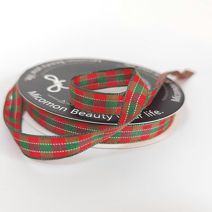 Micomon X'Mas Gingham Ribbon Green Red Metallic Gingham Ribbon 25 Yards Each - Image 4