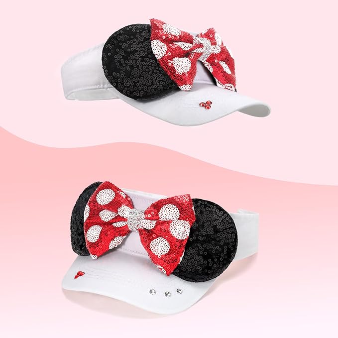 Adult Size Mouse Ears Visors for Women, Adjustable Sun Visor Hat Baseball Cap with Sequin Mouse Ears Bow for Theme Park Decor