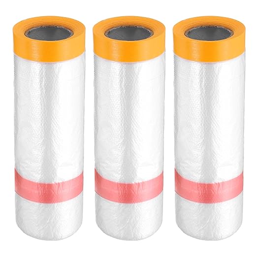 HARFINGTON 3 Rolls Pre-Taped Masking Film 43.3" x32.8ft Double Adhesive Tape by HARFINGTON