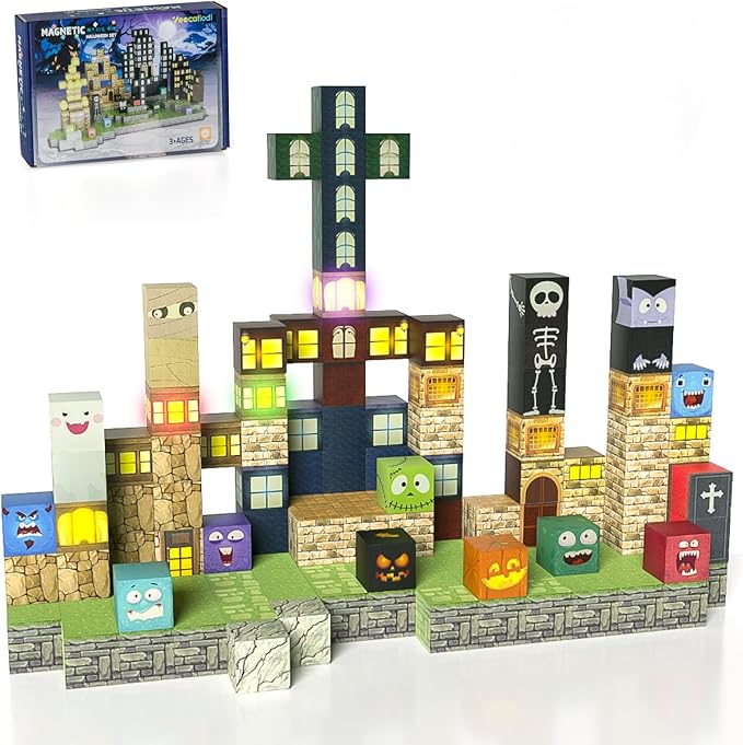 Magnetic Blocks -137PCS Lights Halloween Building Blocks, World Magnetic Tiles by Veecafiodi