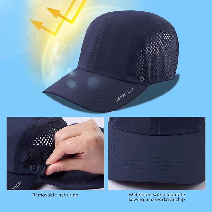 BASSDASH UPF 50+ Foldable Fishing Hat Baseball Cap with Removable Neck Flap Portable for Men Women Golf Hiking