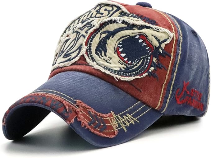 Elwow Men's Oilcloth Front Decor Washed Distressed Embroidery Baseball Cap Driver Trucker Hat with Eagle & Shark Patch