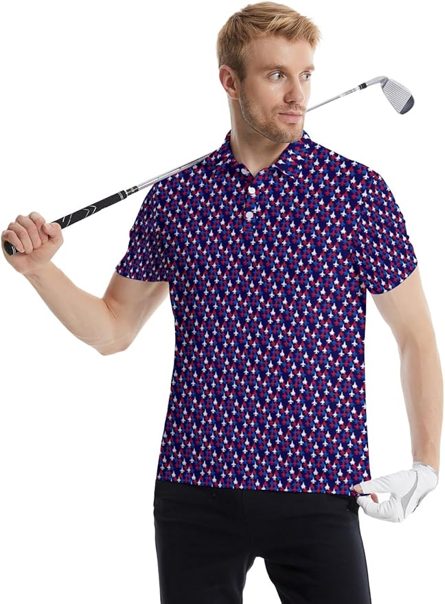 HUURAY Funny Golf Polos for Men Funny Print Short Sleeve Shirts Quick Dry Polo Shirts Hawaiian Shirt Performance Golf Outfits