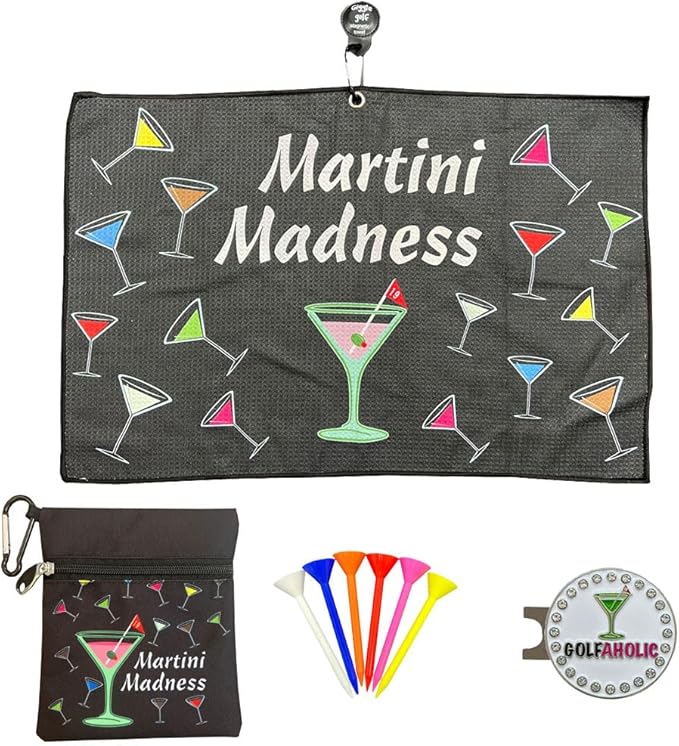 Giggle Golf Martini Par 3 Pack for Women, Microfiber Waffle Weave Golf Towel, Tee Bag with Tees and Bling Ball Marker with Magnetic Hat Clip (Martini Madness)
