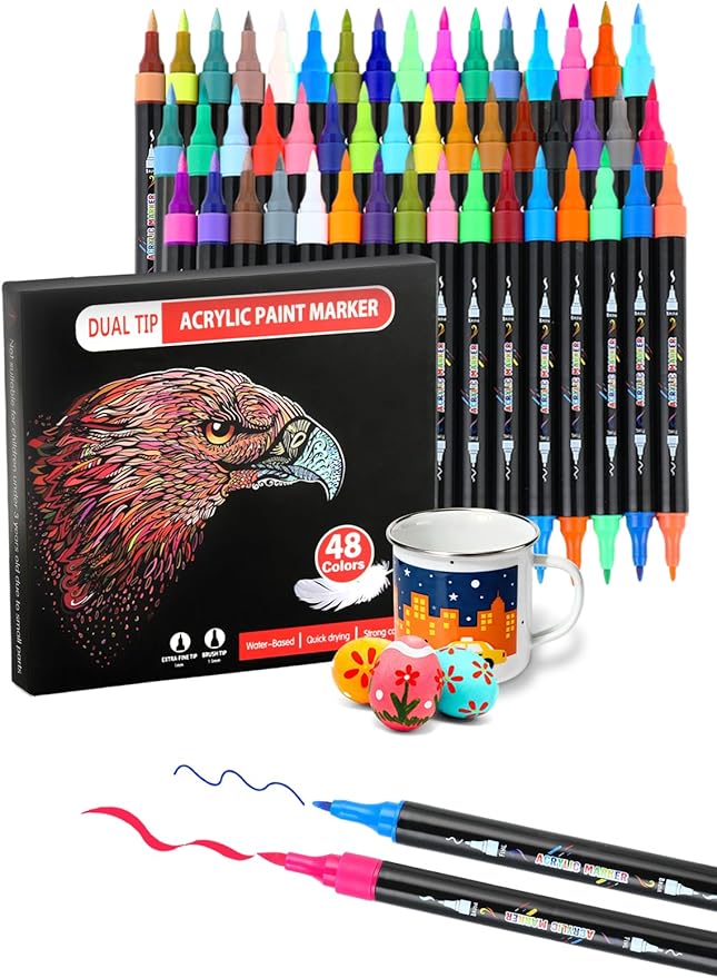 48 Colors Acrylic Paint Markers, Dual Tip Acrylic Paint Pens by Brled