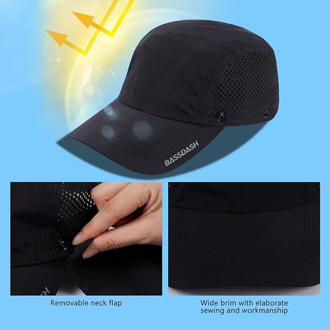 BASSDASH UPF 50+ Foldable Fishing Hat Baseball Cap with Removable Neck Flap Portable for Men Women Golf Hiking