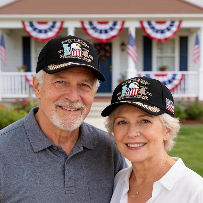 2 Pack 250 Anniversary USA Hat Embroidered Eagle & Liberty，Adjustable Patriotic American Flag Baseball Caps for Men Women