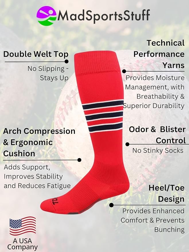 MadSportsStuff Softball Socks Baseball Socks | White & Team Colors | USA Made | Sizes for Girls, Youth Boys, Men & Women