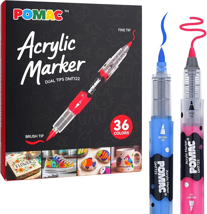 POMAC Dual Tip Acrylic Paint Markers Pens 36 Assorted Colors, Direct Liquid by POMAC