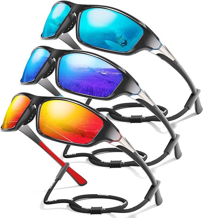 3 Pack Polarized Sports Sunglasses for Men, Mens Sunglasses Wrap Around UV Protection for Cycling Fishing Driving