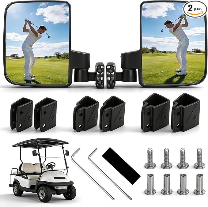 Golf Cart Folding Mirrors, No Drilling Side Rear View Mirrors for Yamaha, Club Car, EZGO, Multi-angle Adjustment (B- Clips-Golf)