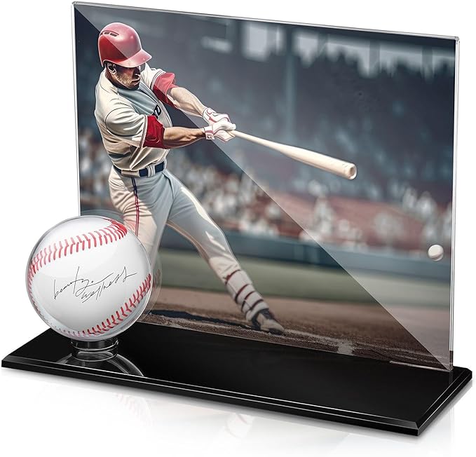 DoubleFill Acrylic Baseball Display Case for Ball and Cards Extra Large Clear Base Ball Holder Ring Stand Set Centerpieces Protector Memorabilia Showcase for Official Size Baseball