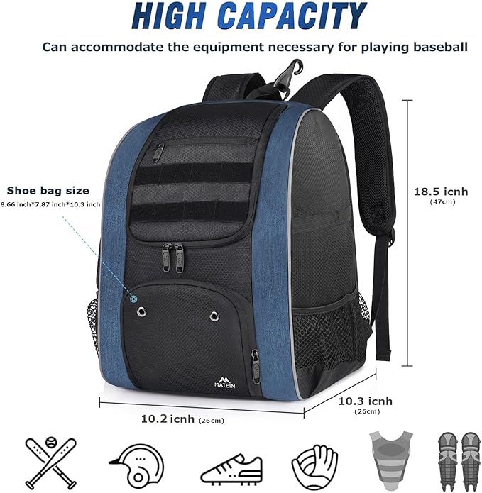 MATEIN Baseball Backpack, Lightweight Softball Bags with Shoes Compartment for Men, Large Capacity Baseball Bag Gifts for Adults with Fence Hook Hold 4 Tee Ball Bats, TBall Gear, Helmet