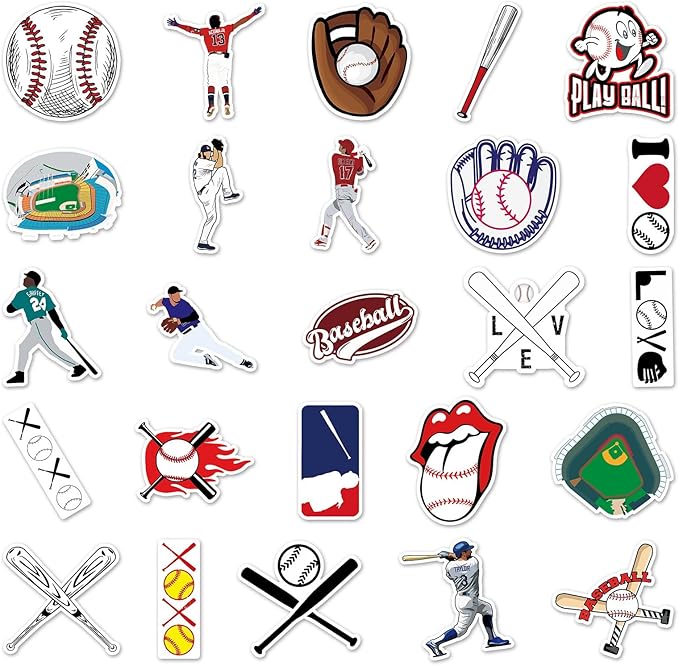 JOICEE 50pcs Baseball Stickers，Waterproof Vinyl Baseball Tattoos for Kids Teens Boys Adults, Sports Decals for Snowboard Laptop Water Bottles Hydro Flasks Phone Guitar Skateboard Computer