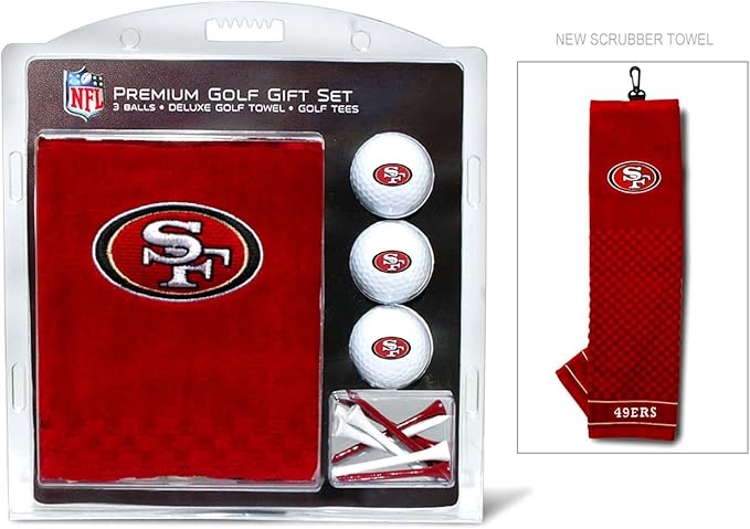 Team Golf NFL San Francisco 49ers Gift Set: Embroidered Golf Towel, 3 Golf Balls, and 14 Golf Tees 2-3/4" Regulation, Tri-Fold Towel 16" x 22" & 100% Cotton