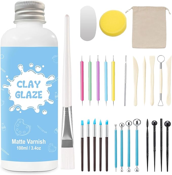 EIGTWEN 100ml Air Dry Clay Glaze and 29pcs Clay tools kit, Matte Clay Varnish by EIGTWEN