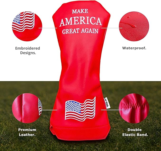 Wolph USA Driver Head Cover – Premium Leather, Iconic Red MAGA Hat Style – Trump-Inspired Funny Headcover – Trump Golf Accessories & Gift for Men and Women – Customize Your Bag.