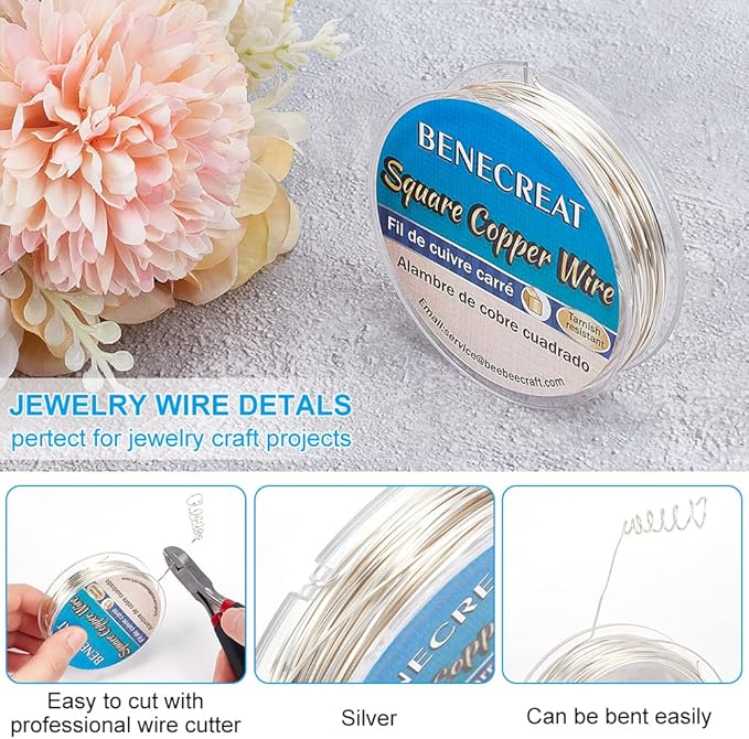 BENECREAT 32.81 Feet 24 Gauge Silver Square Copper Wire, Craft Copper Wire - Image 4