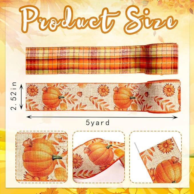 Threetols 2 Rolls 10 Yards Fall Wired Edge Ribbons, 2.5inch Orange Plaid Burlap - Image 2