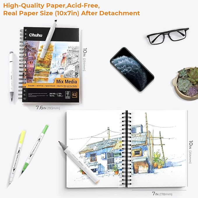 Ohuhu Mix Media Pad, 120 lb/200 gsm Heavyweight Papers, 62 Sheets/124 Pages - Image 2