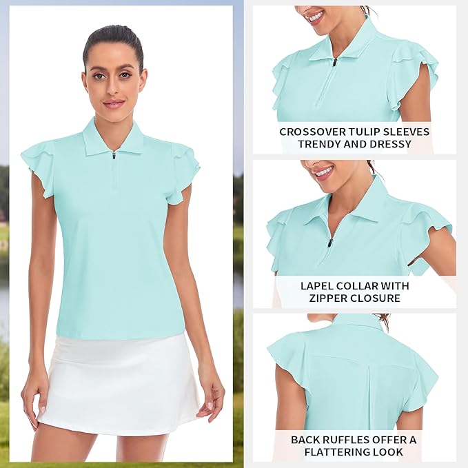 Soneven Womens Petal Sleeve Golf Shirts Moisture Wicking Lady Golf Apparel Print Tennis Sport T Shirt