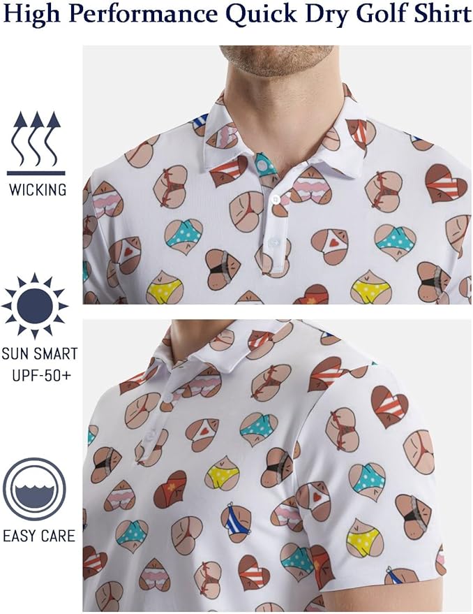 HUURAY Funny Golf Polos for Men Funny Print Short Sleeve Shirts Quick Dry Polo Shirts Hawaiian Shirt Performance Golf Outfits