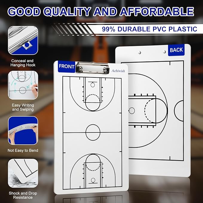 Basketball Clipboard for Coaches, Premium Durable Dry Erase Basket Ball White Board, Simplicity Sharpens Focus, Tactical Basketballs Coaching Clip Boards, Sporting Goods Clipboards, Achiwish