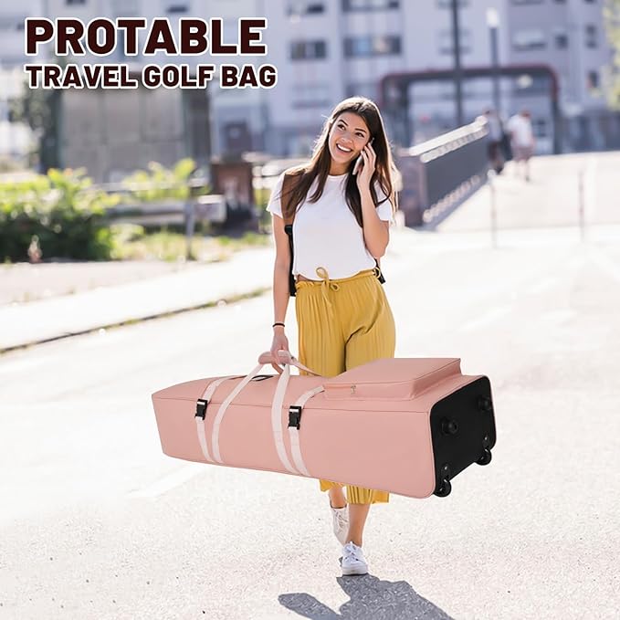 DAREKUKU Golf Travel Bags for Airlines with Adjustable Support Rod and Detachable Shoulder Straps, Hard case Top Soft Foldable Golf Club Travel Covers