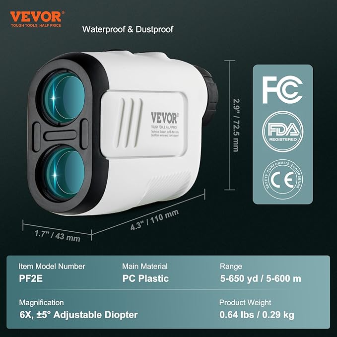 VEVOR Golf Rangefinder, Laser Golfing Hunting Range Finder, 6X Magnification Distance Measuring, Golfing Accessory with High-Precision Flag Lock, Slope Switch, Continuous Scan, and Batteries