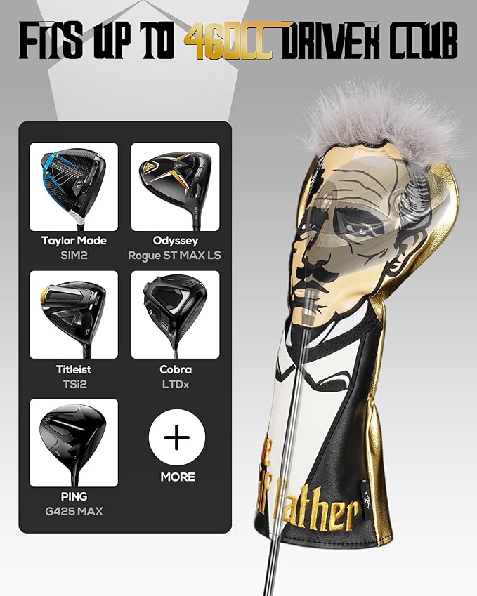 The Golf Father Funny Golf Club Covers, Driver Fairway Wood Hybrid Headcover, Mallet Putter Covers Blade Headcovers Putter Cover Magnetic, Black and White Color Iron Covers for Most Brands
