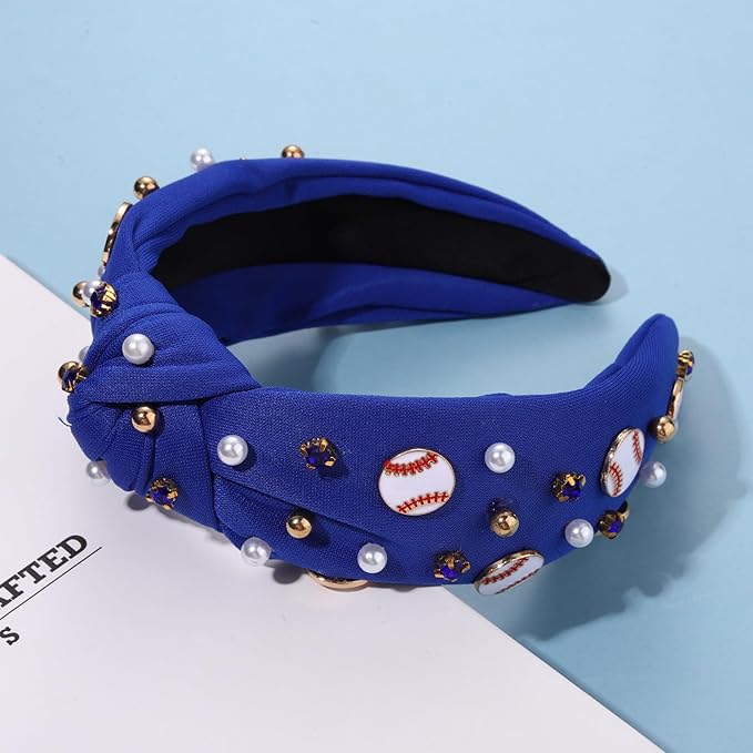 Baseball Headband for Women Baseball Accessories Beaded Crystal Pearl Knotted Headbands Baseball Charm Embellished Headband Wide Top Knot Sports Game Day Headband Gifts (A-Navy Blue)