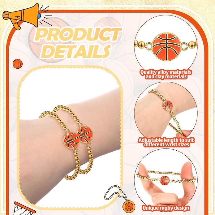 Tondiamo 24 Pcs Cheer Baseball Softball Soccer Basketball Football Tennis Bracelets Gifts Bulk Beaded Stretch Bracelets Charm Gifts Sport Jewelry Party Favors Supplies