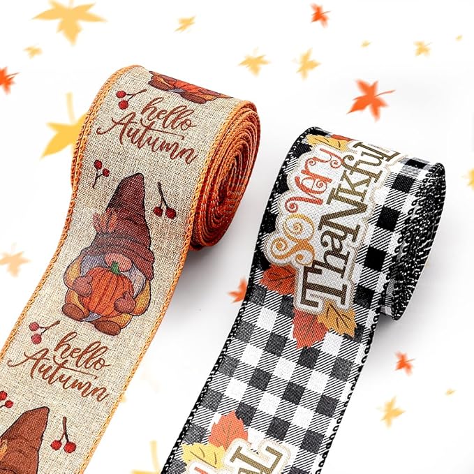 Threetols 2 Rolls 10 Yards Fall Wired Edge Ribbons, 2.5inch Black White Plaid by Threetols