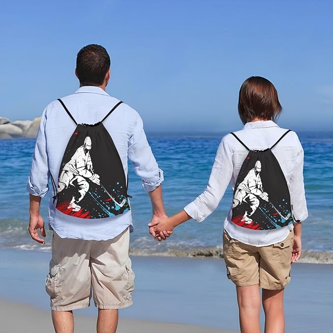 Sports-Themed Drawstring Bags with Printing a Playing Hockey Man Pattern, Kids Adults Drawstring Backpack Casual Knapsack Unisex, Black Shoulders Rucksack Bags for Gym Travel Swimming Yoga, Medium