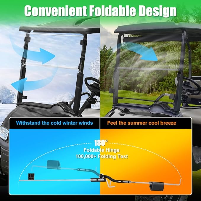 5MM Thick Upgrade PC Foldable EZGO RXV Golf Cart Windshield with Heavy Duty Hinges Only Fit for 2008-Up EZGO RXV with 1.25" Struts Rail, Anti-UV Impact Resistant Golf Cart Windshield