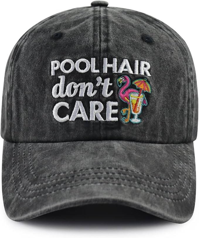Pool Hair Don't Care Hat for Men Women, Funny Adjustable Cotton Embroidered Flamingo Pool Baseball Cap