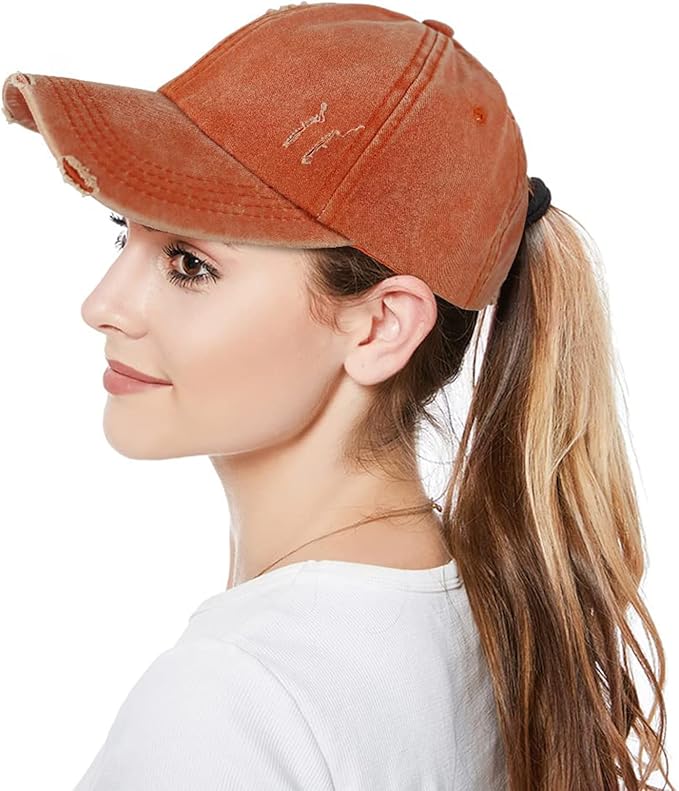 Womens Criss Cross Ponytail Baseball Cap Distressed Ponytail Hat High Messy Bun Trucker Ponycap for Outdoor Sports