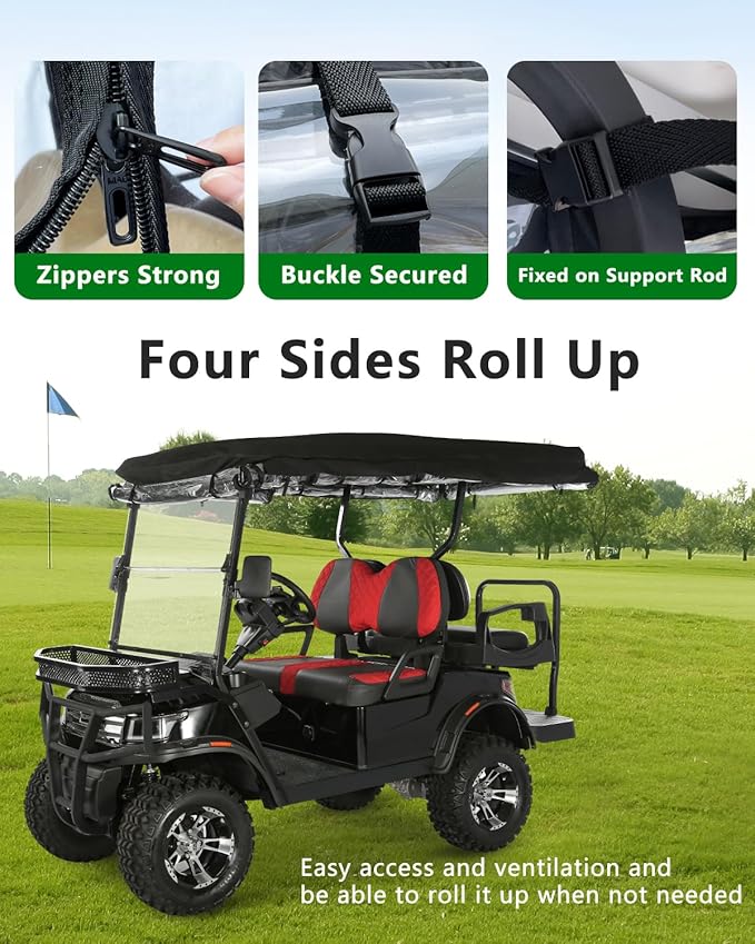 Golf Cart Enclosures 4 Passenger 93 inch Extended Roof for EDACAR Terrain 4 Seater, Clear Rain Cover 4 Sided Transparent Windows Zippers Door Roll Up Driving Enclosure, Side Mirrors Opening (Black)