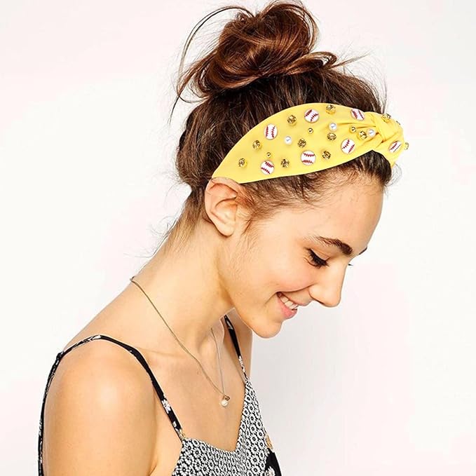 Baseball Headbands for Women Crystal Baseball Embellished Wide Top Knot Headband for Women Game Day Hair Accessories (Yellow)
