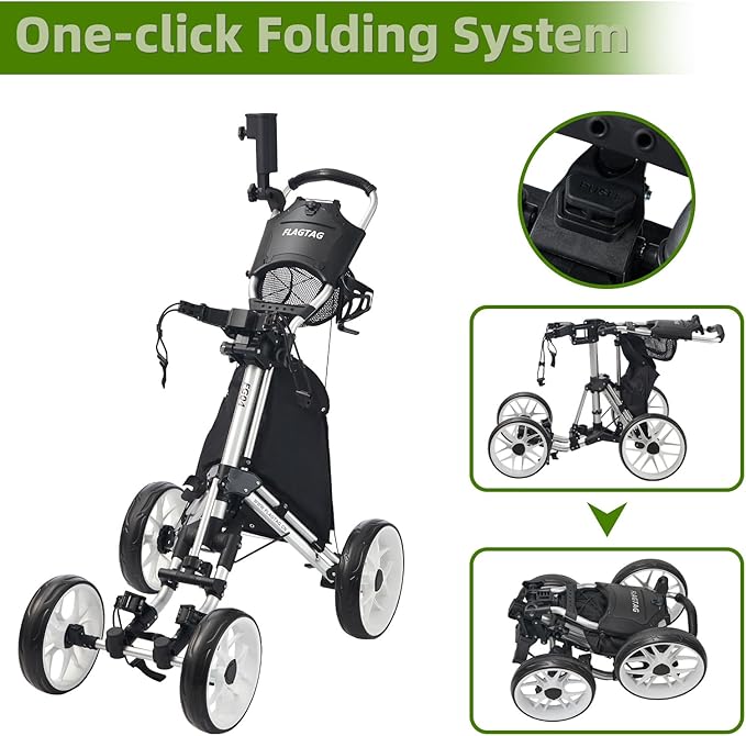 FLAGTAG Golf Push Cart 4-Wheels,Folding Golf Cart, Golf Pull cart with Cup Holder,Umbrella Holder,Cooler Bag, Foldable with one-Click,Handle Height Adjustable,Drink Holder,Walking Push cart