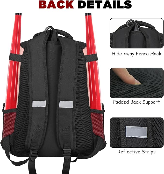 Goloni | Baseball Backpack,Baseball Bag for Adult,Softball Bat Bag with Shoes Compartment,Large Main Compartment for Helmet & accessories, Fence Hook