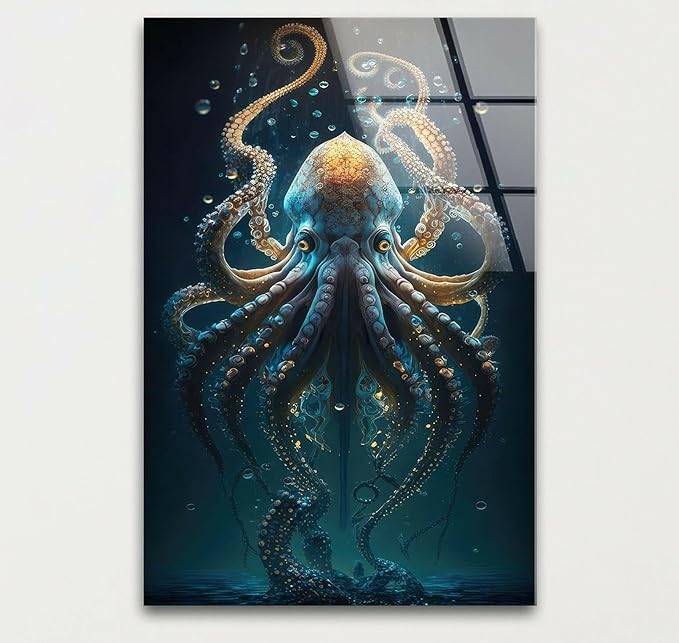 My Photostation.com Round 24'' Underwater Blue Octopus Glass Wall Art Tempered - Image 2