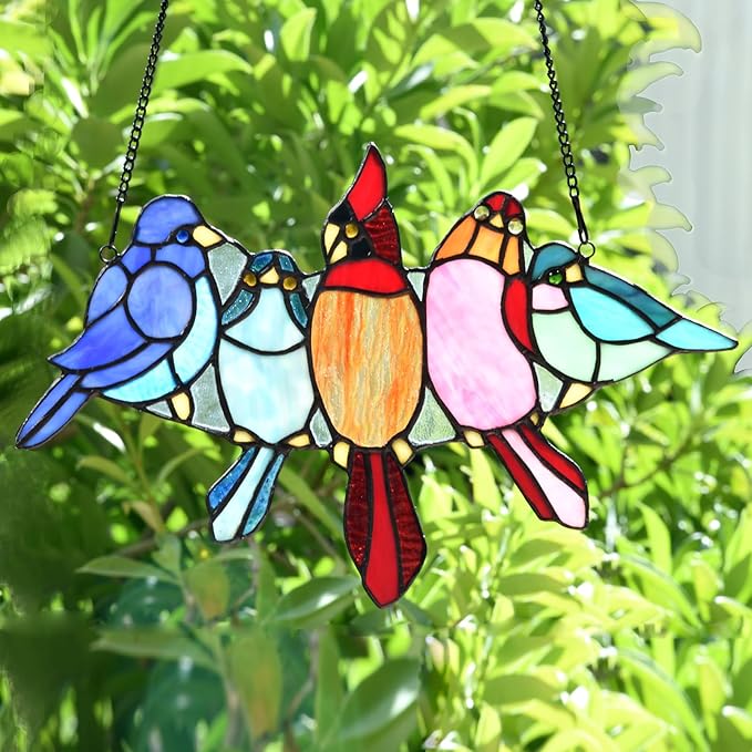PA0011 Tropical Birds on The Wire Stained Glass Window Panel Tiffany Style - Image 3