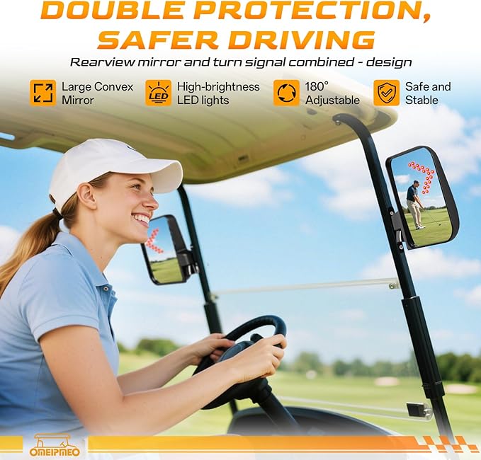 Golf Cart Mirrors, Golf Cart Side Mirrors with LED Turn Signal Light, Universal Rear View Mirror for Club Car EZGO YAMAHA, Left & Right Pair, Street Legal, Easy Bolt-On Installation, Enhanced Safety