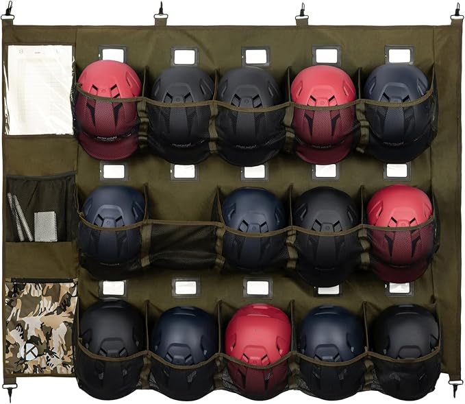 KAVIGOR Baseball/Softball Dugout Organizer - 15+ Helmet & Glove Storage Bag, Military-Grade 900D Fabric & 6 Reinforced Steel Hooks