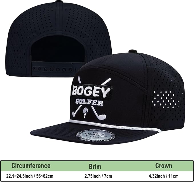 Funny Golf Hat for Men - Flat Bill Snapback Rope Hat, Black/White