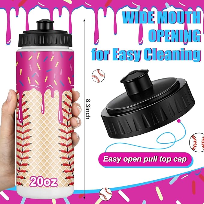 12 Pcs Baseball Drip Ice Cream Water Bottle Bulk Birthday Party Reusable Sports Bottle 20 oz Baseball Accessories Gifts School Sports