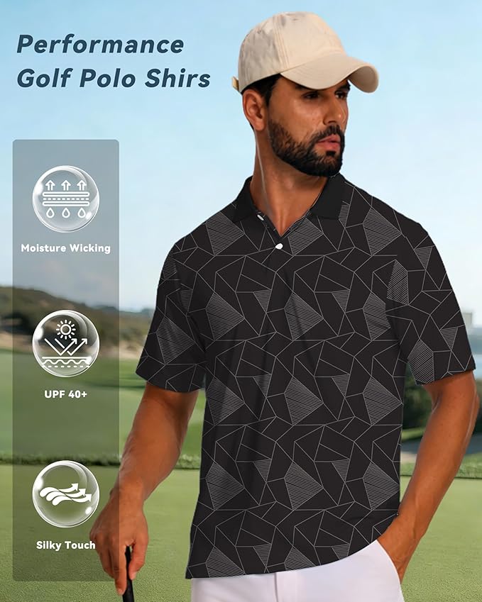 KUYIGO Mens Polo Shirt Quick Dry Moisture Wicking UPF 40+ Performance Printed Short Sleeve Summer Tennis Golf Shirt
