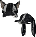 Shyyween Y2K Grunge Hat with Ears Bunny Ear Hat Cat Distressed Denim Baseball Cap Iron Ring Punk Outfit for Women Accessories