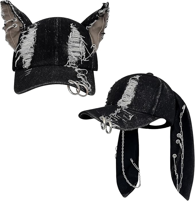 Shyyween Y2K Grunge Hat with Ears Bunny Ear Hat Cat Distressed Denim Baseball Cap Iron Ring Punk Outfit for Women Accessories